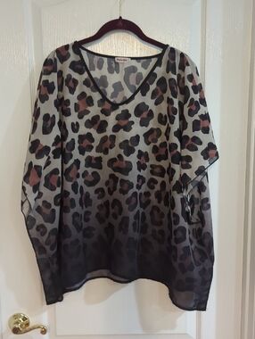 Pixie Girl  Sheer Leopard Print V-Neck Tunic - Black & Brown 14/16 L